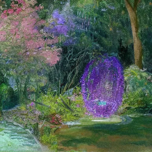 Image similar to tranquil painting of purple garden with green trees and a water fountain in the middle of garden, detailed, 8k, mesmerizing, low saturation, high resolution