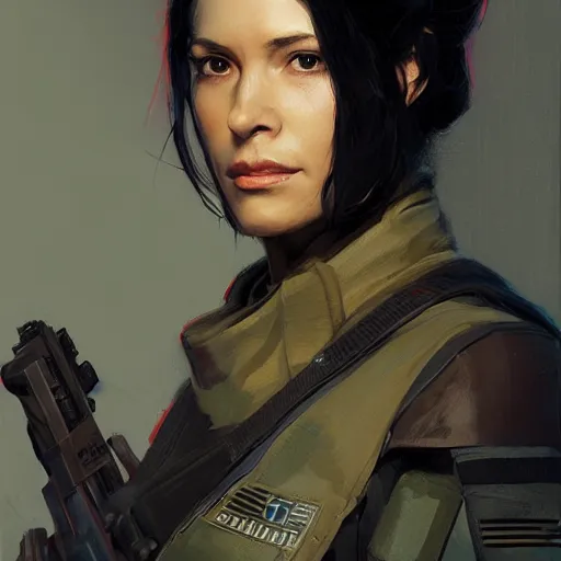 Image similar to portrait of a woman by greg rutkowski, marla fett, samoan features, straight black hair, tall and slender, star wars expanded universe, she is about 2 0 years old, wearing tactical gear, digital painting, artstation, concept art, smooth, sharp foccus ilustration, artstation hq