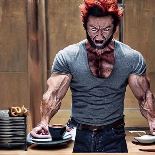 Prompt: real photo of wolverine doing coffee late art hart