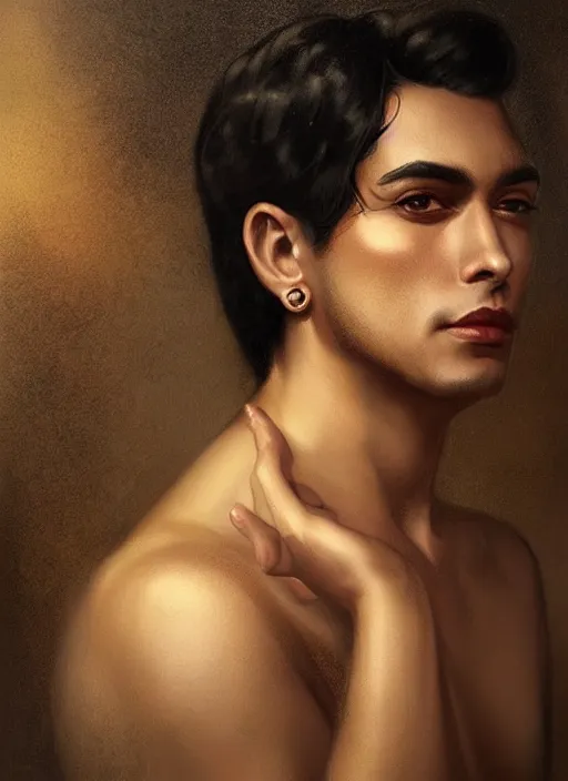 Prompt: a magical portrait of a handsome latino male gang member with dark brown eyes and short blackhair, art by manuel sanjulian and tom bagshaw