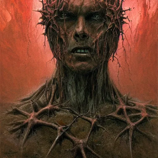 Image similar to portrait of demonic Tom Cruise in hood and crown of thorns, dark fantasy, Warhammer, artstation painted by Zdislav Beksinski and Wayne Barlowe