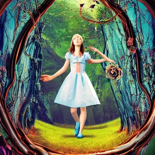 Prompt: Alice , falling down the rabbit hole with reality distorting around her