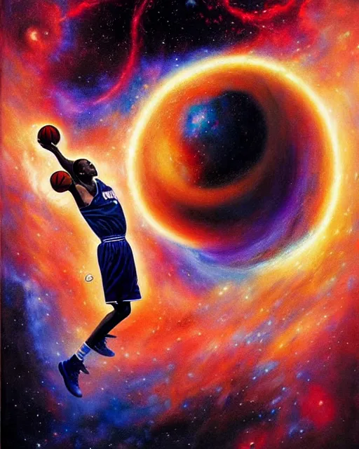 Image similar to cosmic basketball player dunking a basketball hoop in a nebula, an oil painting, by ( leonardo da vinci ) and greg rutkowski and rafal olbinski and ross tran, award - winning magazine cover