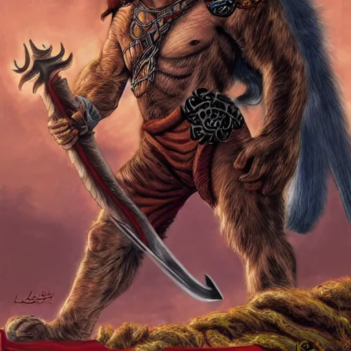 Prompt: a tiefling lion - man barbarian with horns, black fur and red eyes, wielding a greatsword, high quality digital painting by larry elmore and jeff easley