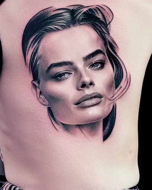 Prompt: creative double exposure effect tattoo design sketch of margot robbie face blended in beautiful mountain scenery, realism tattoo, in the style of matteo pasqualin, amazing detail, sharp