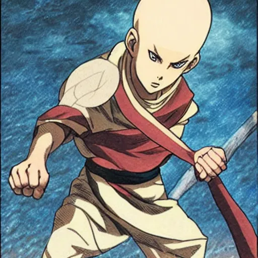 Prompt: still of Aang from Last Airbender in Berserk in manga panel by Kentaro Miura