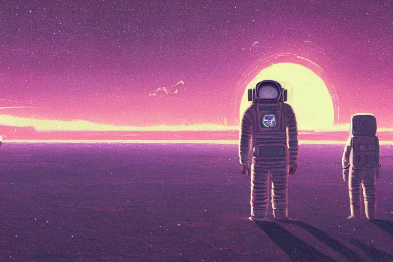 Prompt: astronaut sitting at the beach next to his spaceship on a pink, blue, purple alien planet watching the sunset, surreal photography, dark night, stars, planets, moon light, impressionist painting, clouds, digital painting, artstation, simon stalenhag