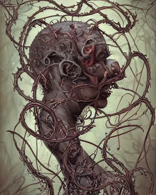 Image similar to centered horrific detailed side view profile portrait of a insane, crazed, mad zombie woman, ornate tentacles growing around, vines and thorns ornamentation, thorns, vines, tentacles, elegant, beautifully soft lit, full frame, by wayne barlowe, peter mohrbacher, kelly mckernan, h r giger