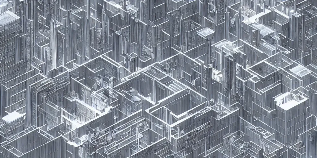 Image similar to high tech building cluster concept drawings with exposed sections designed by paul rudolph and frank lloyd wright and bauhaus, trending on artstation, rectilinear, isometric, isometric view, digital art, game art, 8 k, photorealistic, dramatic lighting, matte painting by moebius and alphonse mucha and nicolas party