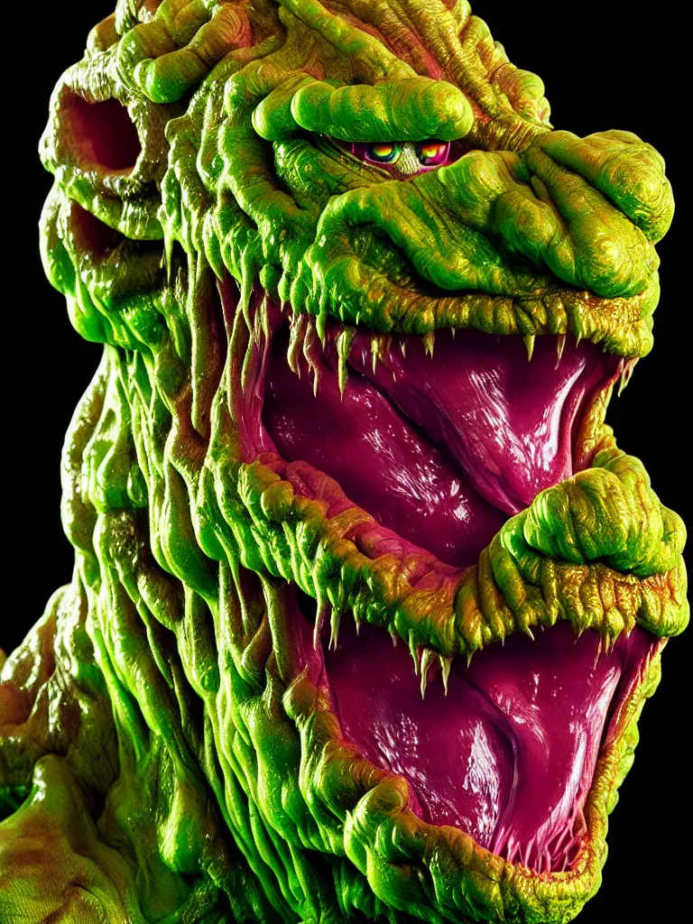 Prompt: hyperrealistic rendering, shiny wet fat cronenberg flesh monster smooth kaiju by art of skinner and richard corben and jeff easley, product photography, action figure, sofubi, studio lighting, colored gels, rimlight, backlight