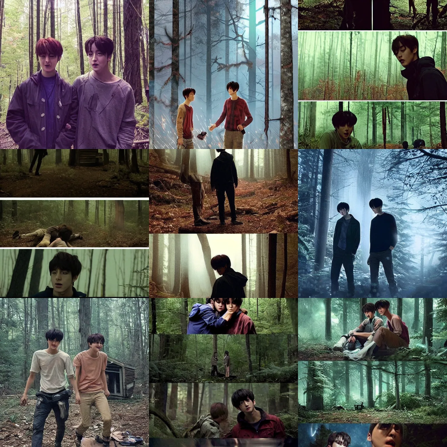 Prompt: scene from a 2010s science fiction film+ Seokjin & Jungkook find an abandoned cabin in the middle of the woods + they decided to sleep their for the night + jungkook is happy that he met Seokjin+ CGSOCIETY + directed by Luc Besson +