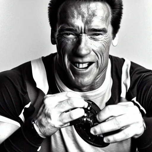 Prompt: arnold schwarzenegger joyfully devouring a motorcycle piece by piece