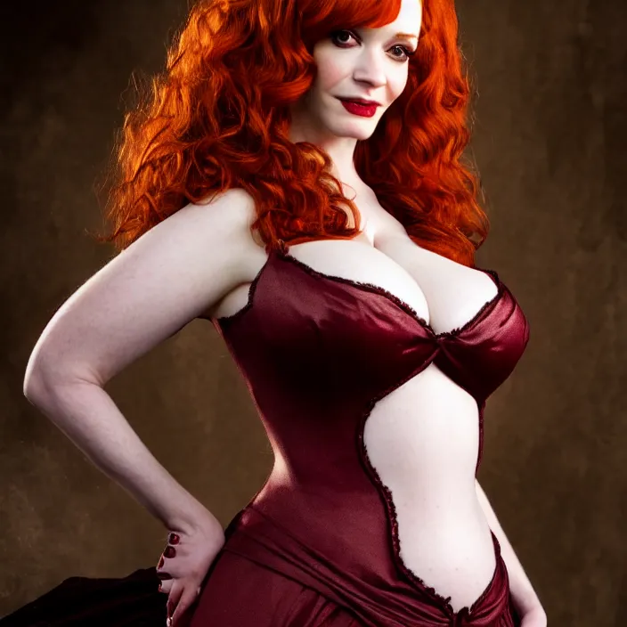 Prompt: full body photograph of christina hendricks as a vampire queen. Extremely detailed. 8k