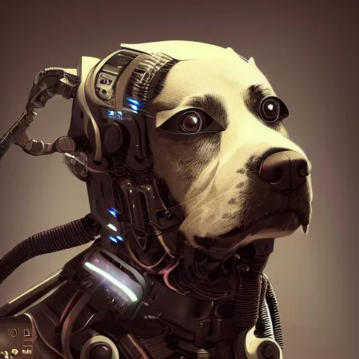 Image similar to Cyberpunk cyborg dog , digital art , highly detailed , high contrast, beautiful lighting, award winning , trending on art station, photorealistic, 8k