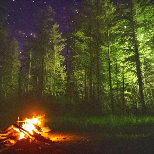 Prompt: cabin in the woods at night, campfire, lens blur, fireflies