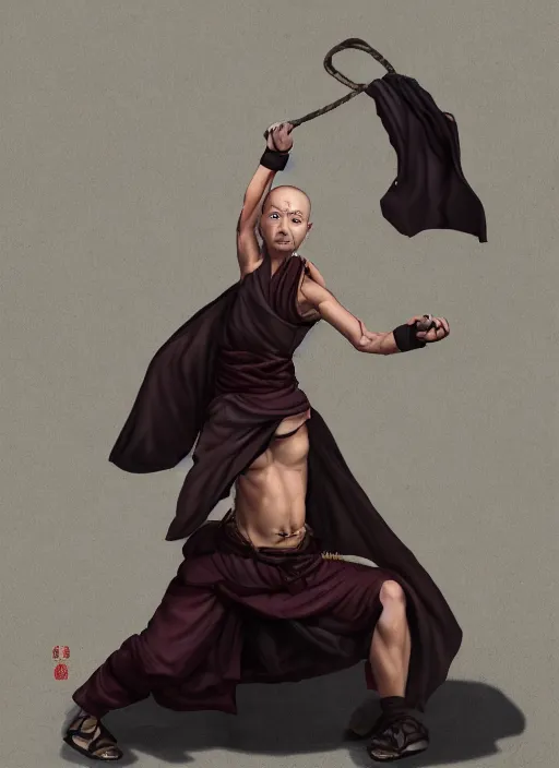 Image similar to portrait of a female drunken master monk exercising by wlop, wuxia, xianxia, drunken boxing, drunken fist, drunken master, dark olive skin, athletic, playful, beautiful, fully clothed, monk's robe, detailed, realistic, anatomically accurate, fantasy illustration, artstation, wlop, 4 k.