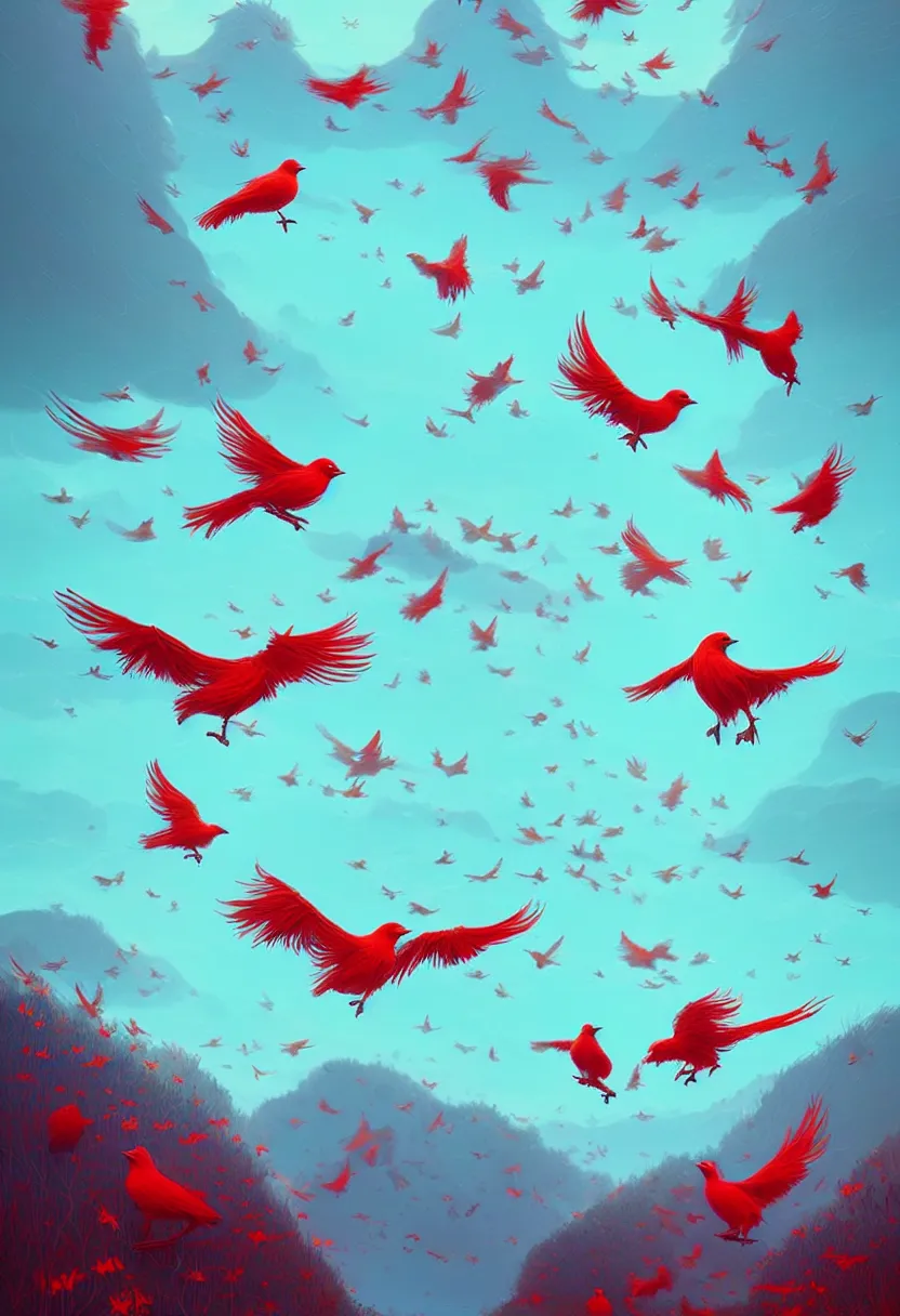 Prompt: flying flock of red birds, in a light blue color palette of cosmic spring, flowing, intricate, beautiful render, award winning photography, by simon stalenhag and wlop and artgerm, beautiful illustration