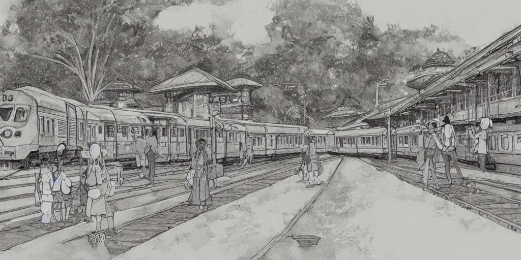 Prompt: sri lankan train station, drawn by hayao miyazaki