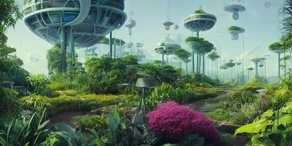 Prompt: solarpunk garden, sci - fi, plants, greenery, digital art by beeple