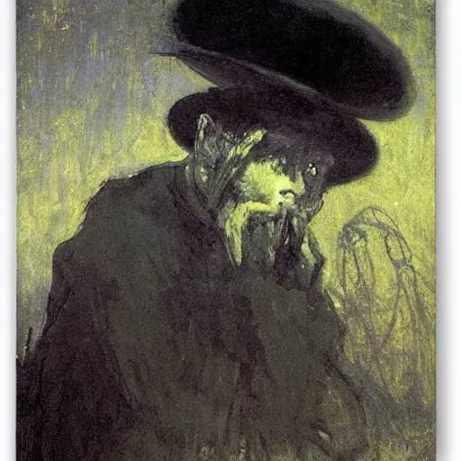 Image similar to A diphenhydramine trip, hat man, spiders, shadows, dark mood, by Ilya Repin