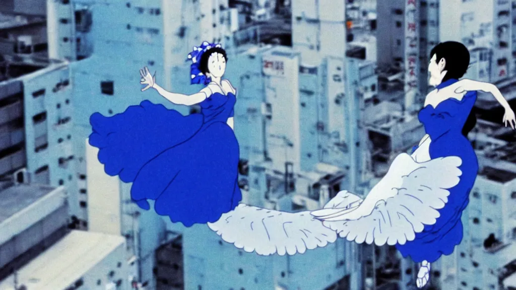 Image similar to a woman in a blue dress wearing a blue swan mask falling from a building in Tokyo , film still from the an anime directed by Katsuhiro Otomo with art direction by Salvador Dalí, wide lens