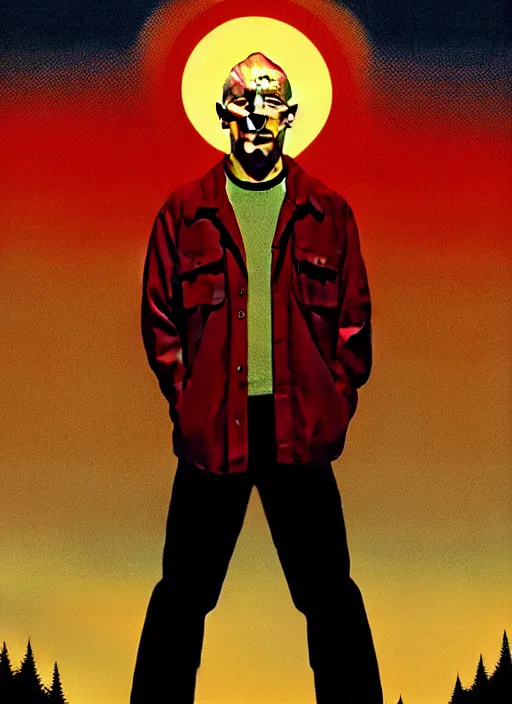 Image similar to Twin Peaks poster artwork by Michael Whelan and Bob Larkin, of portrait of Joe Rogan in red flannel, spotlight from the sky shining on him, from scene from Twin Peaks, clean, simple illustration, nostalgic, domestic