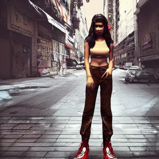 Image similar to a fashion model, creative, brown skin, digital art, photo manipulation, artstation, standing, cyberpunk, giant, street, duck shoes, photoshop