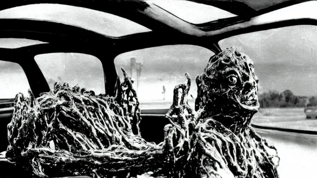 Image similar to the creature sits in a car, made of wax and metal, film still from the movie directed by David Cronenberg with art direction by Salvador Dalí, wide lens