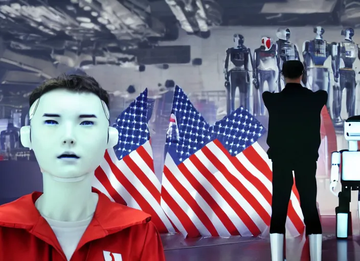 Image similar to dystopian propaganda style human robot dictator giving a speech to human robots next to two large flags with robot heads on them