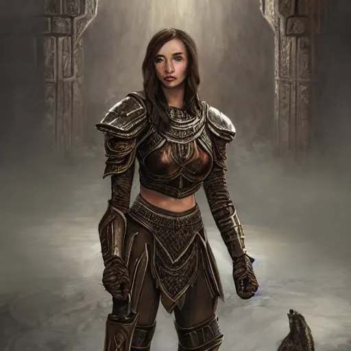 Image similar to the elder scrolls vi character brunette female portrait partially clothed in exquisitely deatiled metal - plated battle armour, atmospheric lighting, painted, intricate, volumetric lighting, beautiful, rich deep colors masterpiece, sharp focus, ultra detailed by leesha hannigan, ross tran, thierry doizon, kai carpenter, ignacio fernandez rios