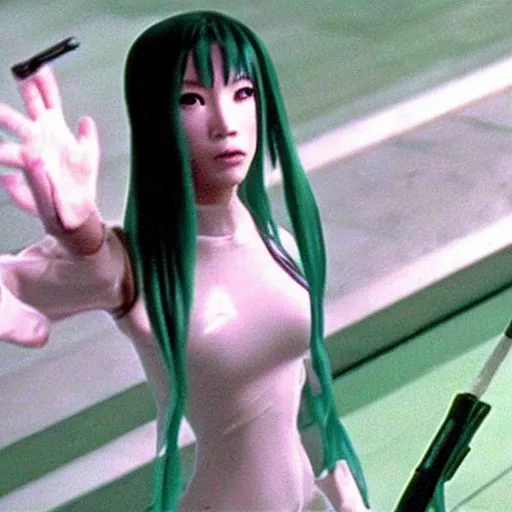 Prompt: film still of miku hatsune in the matrix (1999)