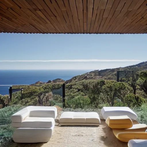 Image similar to castle designed by renzo piano overlooking big sur. landscape design by andre le notre. w 1 0 8 8