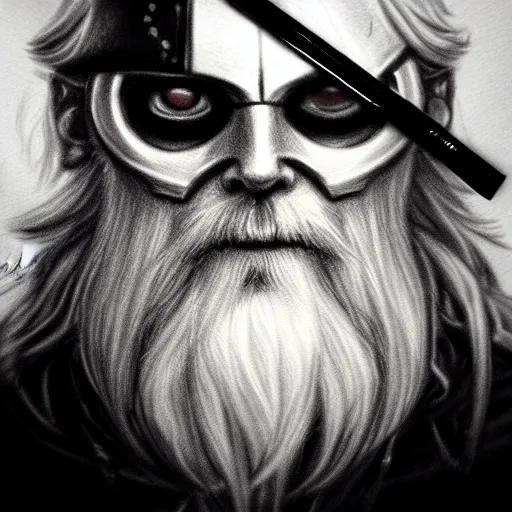 Image similar to One-eyed Odin, eyepatch, charcoal portrait, artstation, fine-detailed