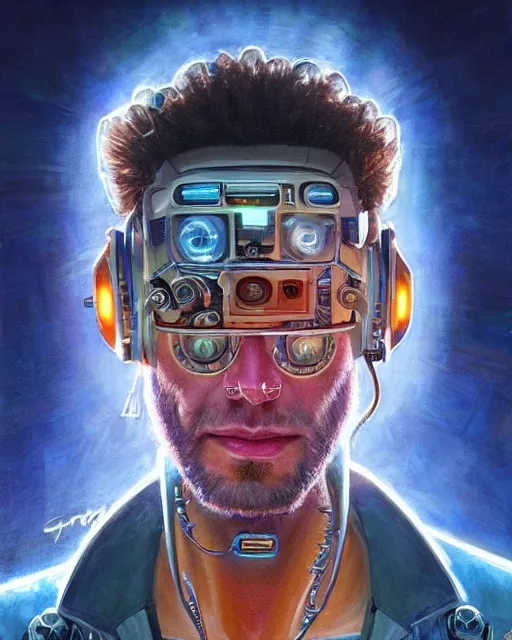 Image similar to a futuristic male hippie wearing tie - dye and cybernetic - implants | cyberpunk art | highly detailed | very intricate | symmetrical | cinematic lighting | award - winning | closeup portrait | painted by donato giancola and mandy jurgens and rossdraws and rhads | featured on artstation