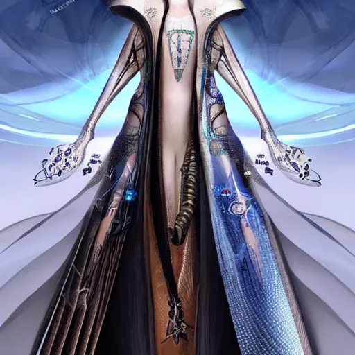 Prompt: a beautiful arabian woman wearing a futuristic dress by alexander mcqueen, thom browne, karol bak, ayami kojima, artgerm, arabian beauty, blue eyes, smile, concept art, fantasy