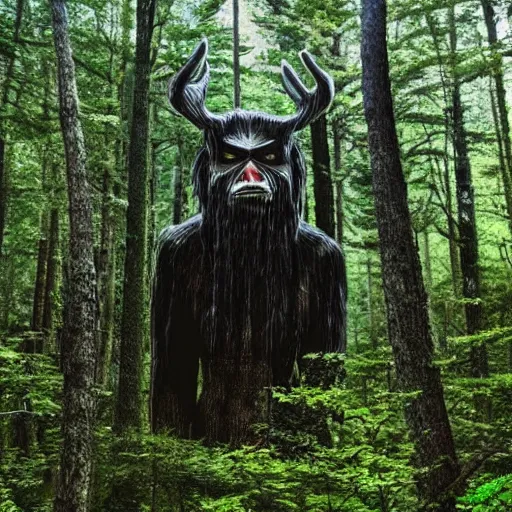 Image similar to beautiful Appalachian forest with a wendigo looming in the background