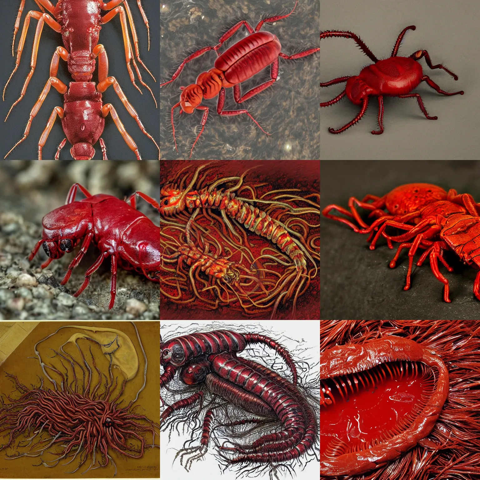 Prompt: a photo of a gory blood-red abomination without shape or form, slimy and reflective, composed of tubifex worms, resembling a monstrous insect, frightening, twitching and writhing, with smooth and shiny intestines slithering out of the central mass, body horror with remnants of fur and hairy mold, blood oozing from every body crevice, ultra-detailed, ultra-realistic, color