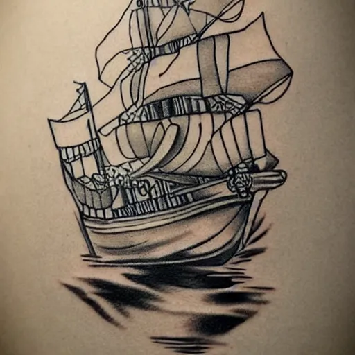 Prompt: realism tattoo design sketch of a pirate ship, by Da Ink