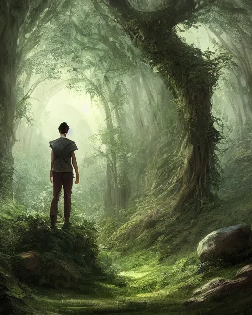 Image similar to a young man looking into a mirror in the hidden garden, green forest, environment art, fantasy art, landscape art, in the style of greg rutkowski, illustration, epic, fantasy, intricate, hyper detailed, artstation, concept art, smooth, sharp focus, ray tracing