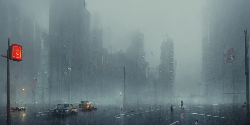 Image similar to Mumbai city by Simon Stålenhag, Matte Painting, heavy rains, traffic lights, fog