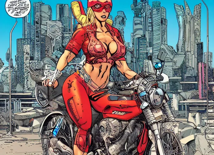 Image similar to a comic book portrait of a female fitness model biker in a cyberpunk city art by Geof Darrow,highly detailed artstation character concept art, full length character, sharp focus