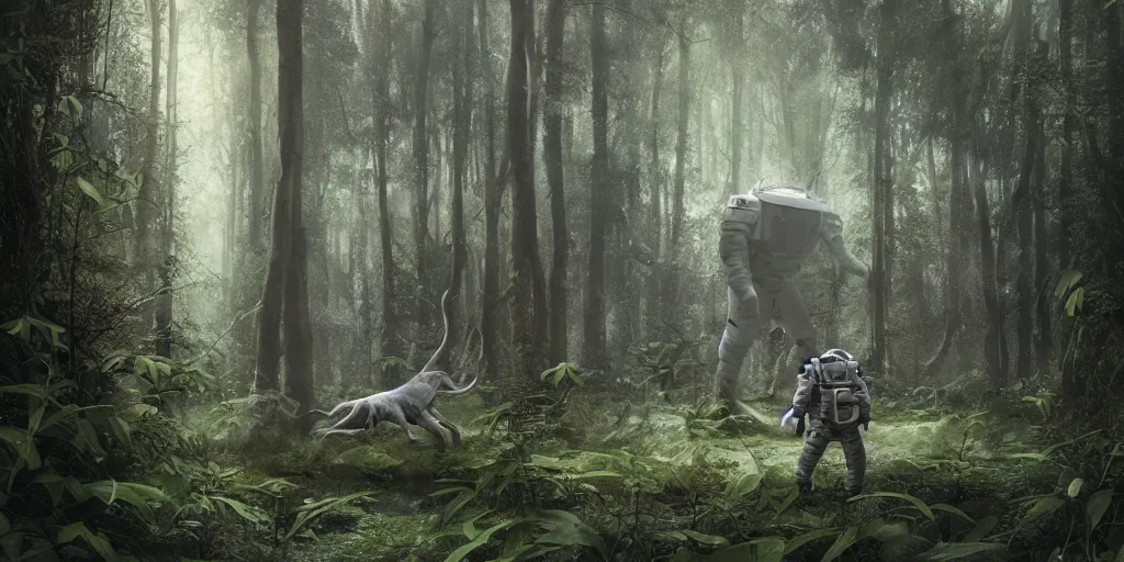 Image similar to an astronaut comes a across a strange creature in a forest, a detailed matte painting by frieke janssens, featured on cgsociety, space art, matte painting, matte drawing