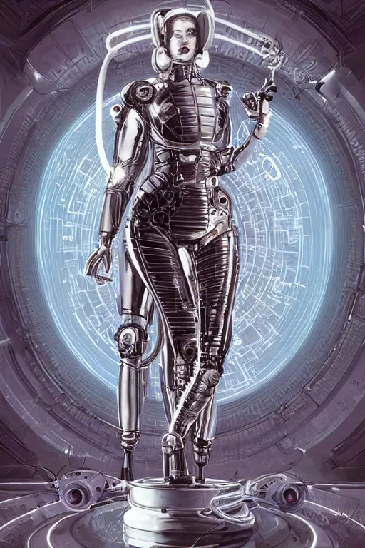 Prompt: retro-futuristic portrait of a beautiful blind female android in old chrome armour with cables and wires, laying in white liquid, ornate background, rim light, ornate pattern, glowing eyes, evil expression, high details, intricate details, renaissance painting by vincent di fate, artgerm julie bell beeple, 80s, Smooth gradients, High contrast, depth of field, very coherent symmetrical artwork