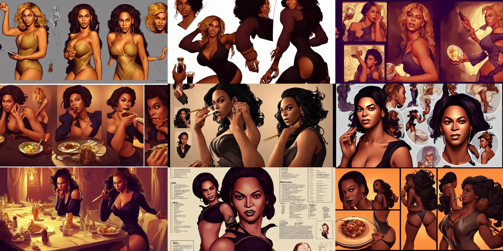 Prompt: beyonce eating dinner, character sheet, character design, contrast, deep focus, turnaround, highly detailed, dramatic lighting, digital painting, artstation, concept art, matte, sharp focus, illustration, elegant, art by artgerm and greg f and alphonse mucha.