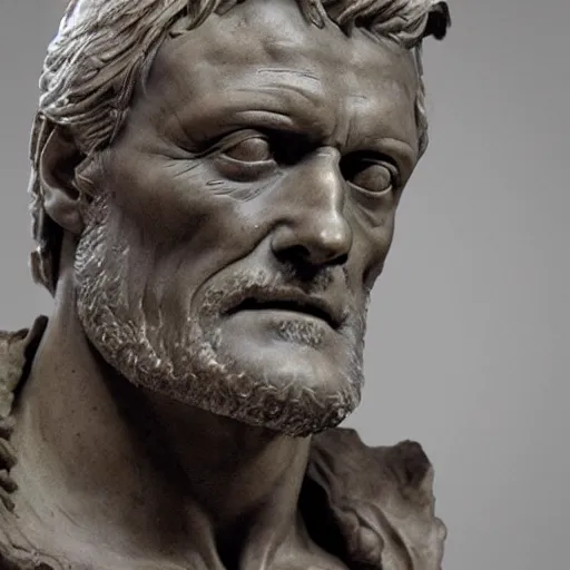 Image similar to a sculpture by michelangelo with the likeness of rutger hauer