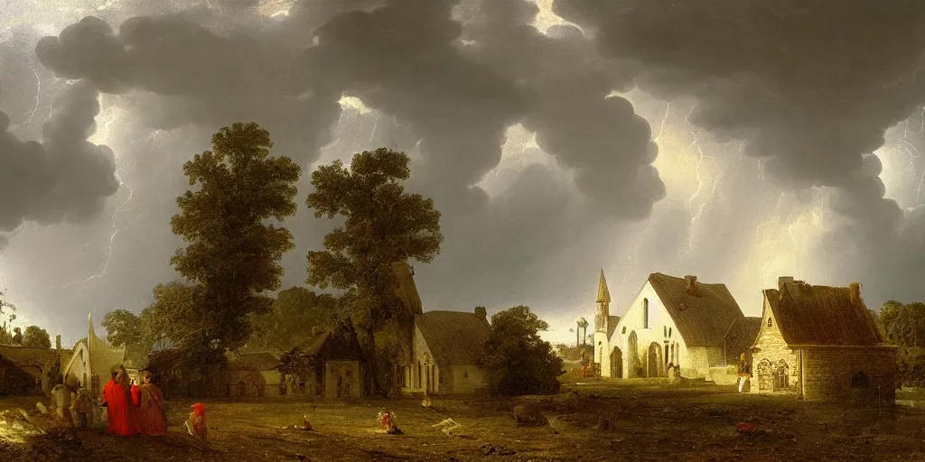 Image similar to a church in a village during a thunderstorm, cozy, by george henry durrie