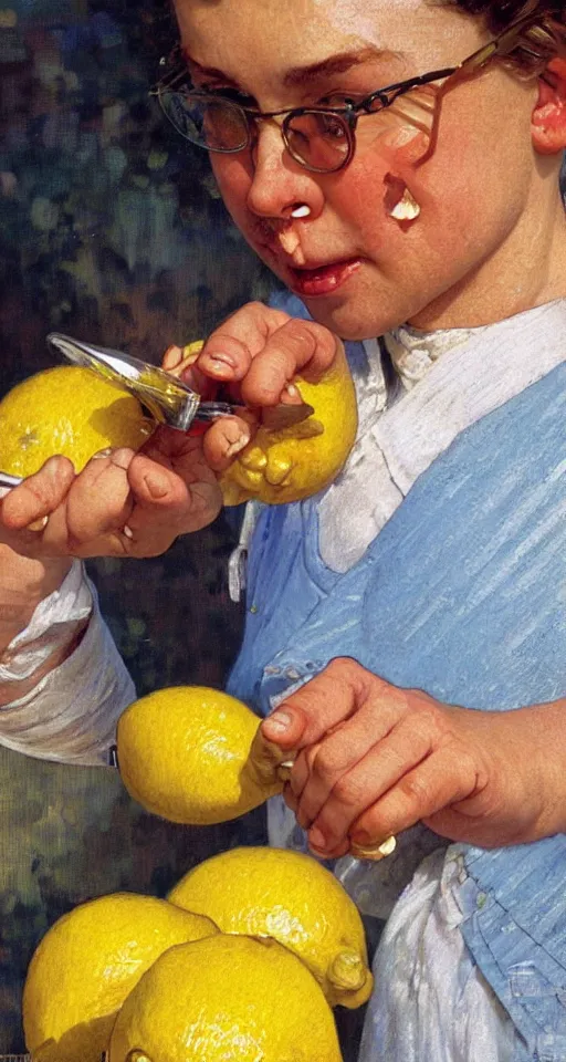 Prompt: close up of a person squeezing lemon for lemonade, sun shining, photo realistic illustration by greg rutkowski, thomas kindkade, alphonse mucha, loish, norman rockwell.