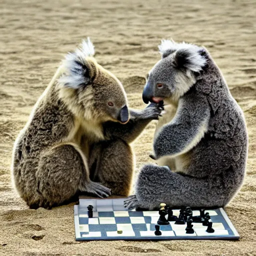 Prompt: A koala bear and grizzly bear playing chess. They are sitting at a table on the beach. You can see the waves crashing into the shores. Bears are very stressed. DSLR camera photo.