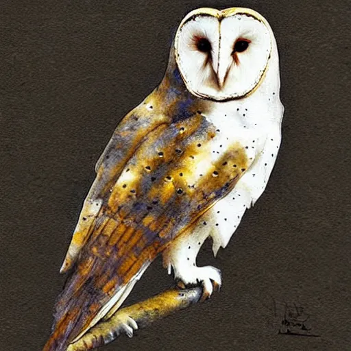 Image similar to a barn owl, digital art, watercolor, dripping paint, black and white, concept art, soft colors, style of anders zorn