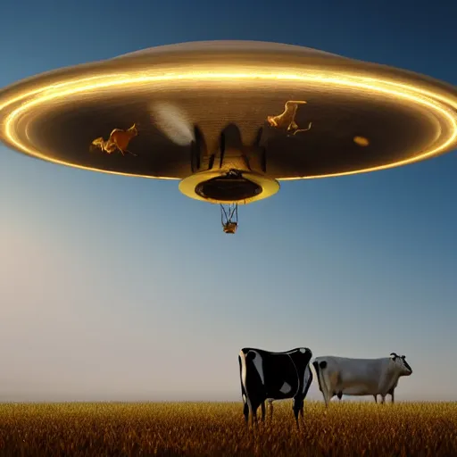 Prompt: A Large UFO Abducting a Cow, 3D Render, Blue Mist, exquisite details